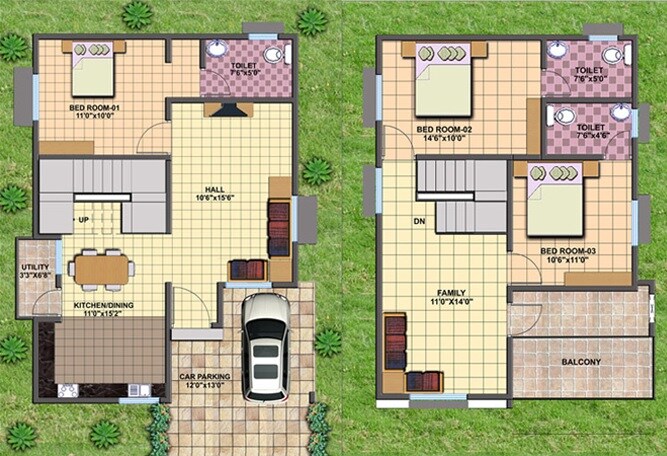 Floor plan of 3 BHK 1600 Sq. Ft. Villa in Pentagon Passiflora, Bangalore