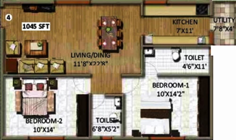 Floor plan of 2 BHK 1045 Sq. Ft. Apartment in Peony Middle Mist, Bangalore