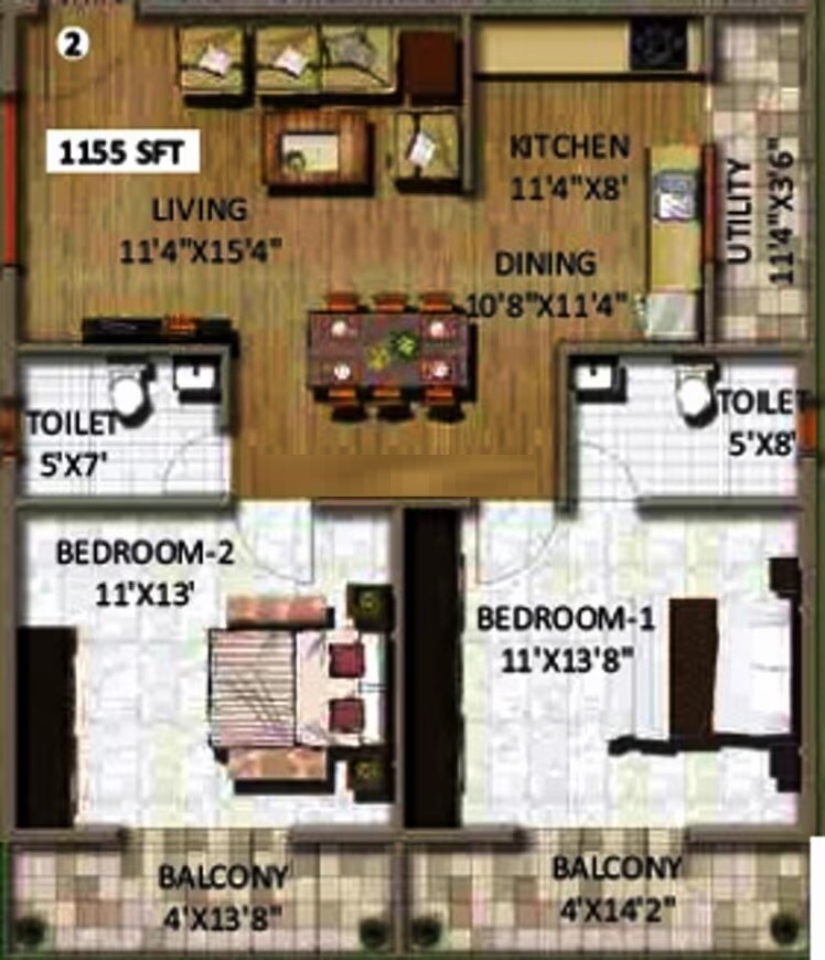 Floor plan of 2 BHK 1155 Sq. Ft. Apartment in Peony Middle Mist, Bangalore