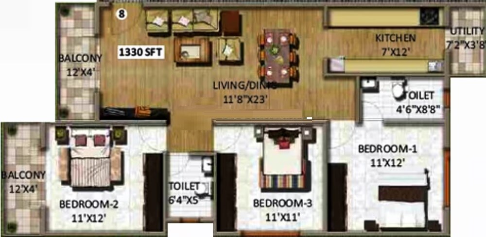 Floor plan of 3 BHK 1330 Sq. Ft. Apartment in Peony Middle Mist, Bangalore