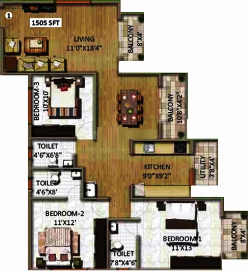 Floor plan of 3 BHK 1505 Sq. Ft. Apartment in Peony Middle Mist, Bangalore