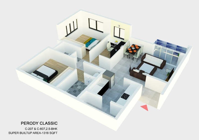 Floor plan of 2 BHK 1318 Sq. Ft. Apartment in Perody Classic, Bangalore