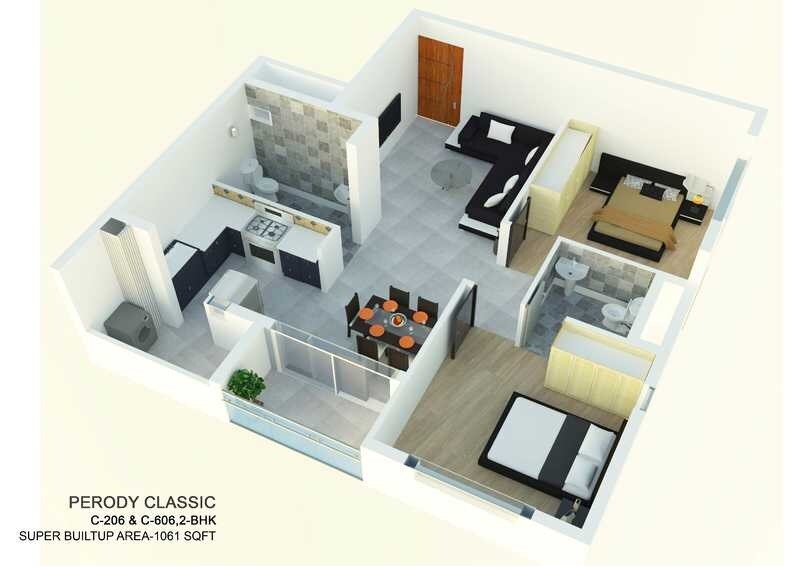 Floor plan of 3 BHK 1061 Sq. Ft. Apartment in Perody Classic, Bangalore