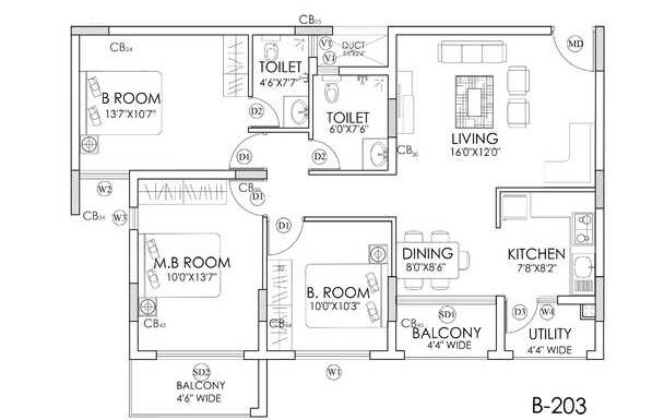 Floor plan of 3 BHK 1332 Sq. Ft. Apartment in Perody Classic, Bangalore