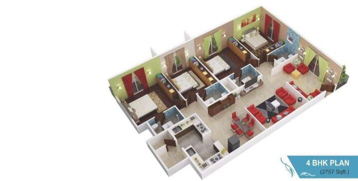 Floor plan of 4 BHK 2757 Sq. Ft. Apartment in Pinnacle Classic, Bangalore