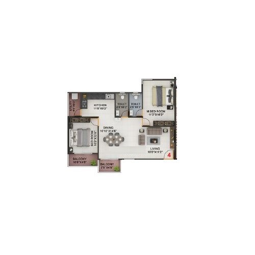 Floor plan of 2 BHK 1200 Sq. Ft. Apartment in Pioneer KRS Park Royal, Bangalore