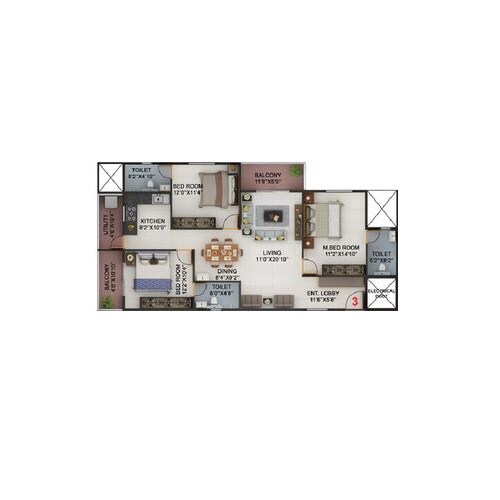 Floor plan of 3 BHK 1347 Sq. Ft. Apartment in Pioneer KRS Park Royal, Bangalore