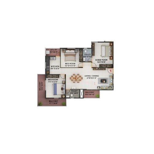 Floor plan of 3 BHK 1390 Sq. Ft. Apartment in Pioneer KRS Park Royal, Bangalore