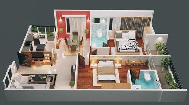 Floor plan of 2 BHK 1042 Sq. Ft. Apartment in Platina Exotica, Bangalore