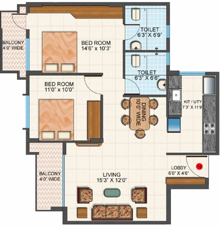 Floor plan of 2 BHK 1070 Sq. Ft. Apartment in Platinum City Lifestyle, Bangalore