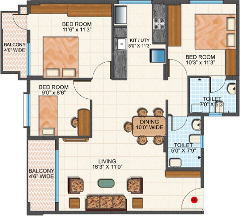 Floor plan of 3 BHK 1210 Sq. Ft. Apartment in Platinum City Lifestyle, Bangalore
