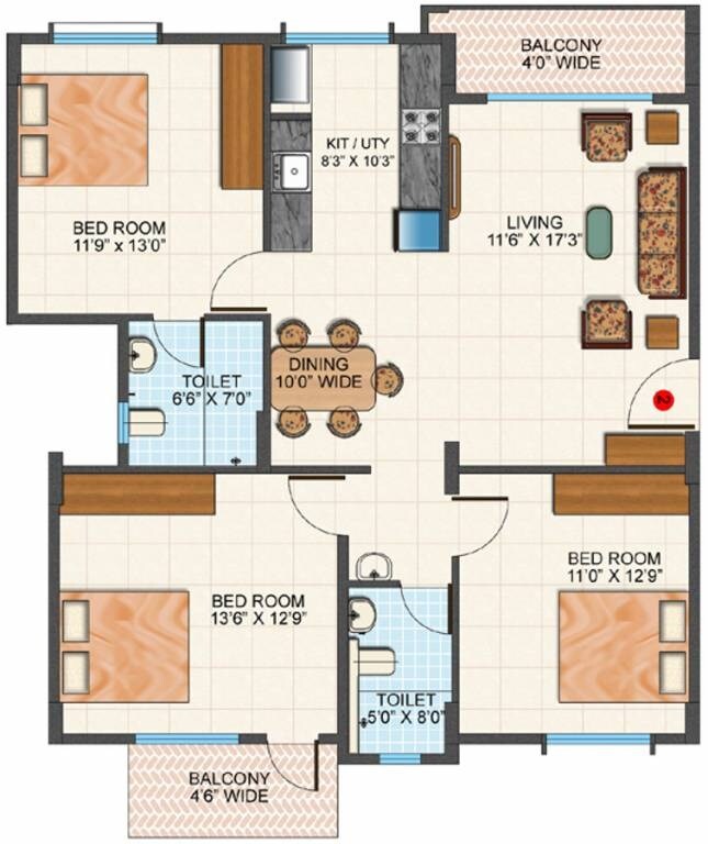 Floor plan of 3 BHK 1370 Sq. Ft. Apartment in Platinum City Lifestyle, Bangalore