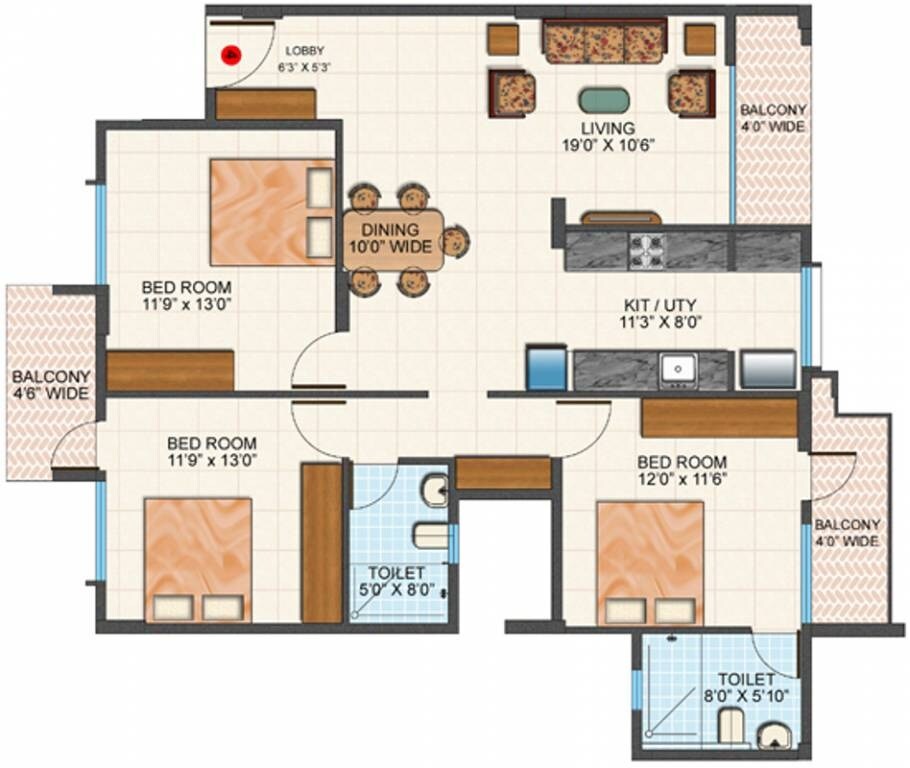 Floor plan of 3 BHK 1440 Sq. Ft. Apartment in Platinum City Lifestyle, Bangalore
