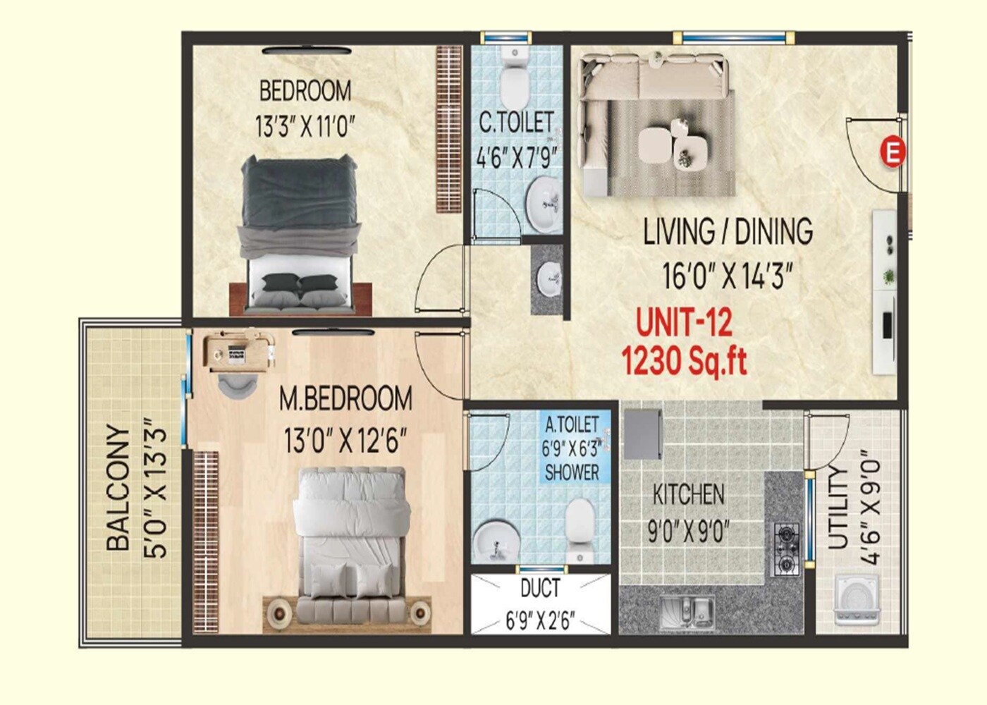 Floor plan of 2 BHK 1230 Sq. Ft. Apartment in Platinum Landmark, Bangalore