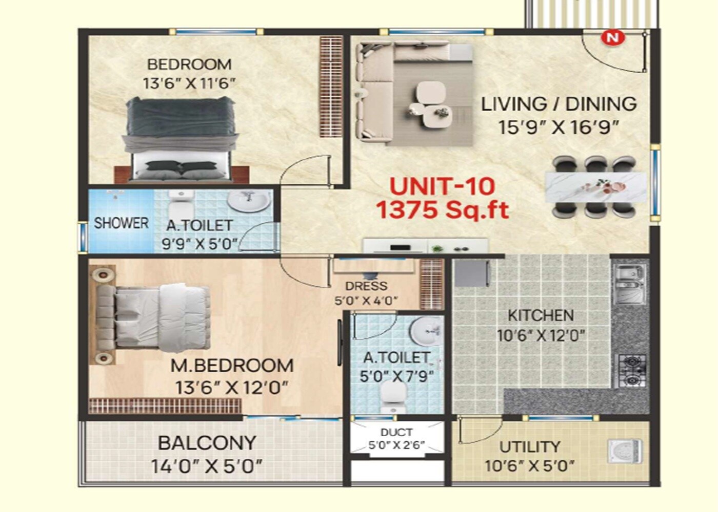Floor plan of 2 BHK 1375 Sq. Ft. Apartment in Platinum Landmark, Bangalore