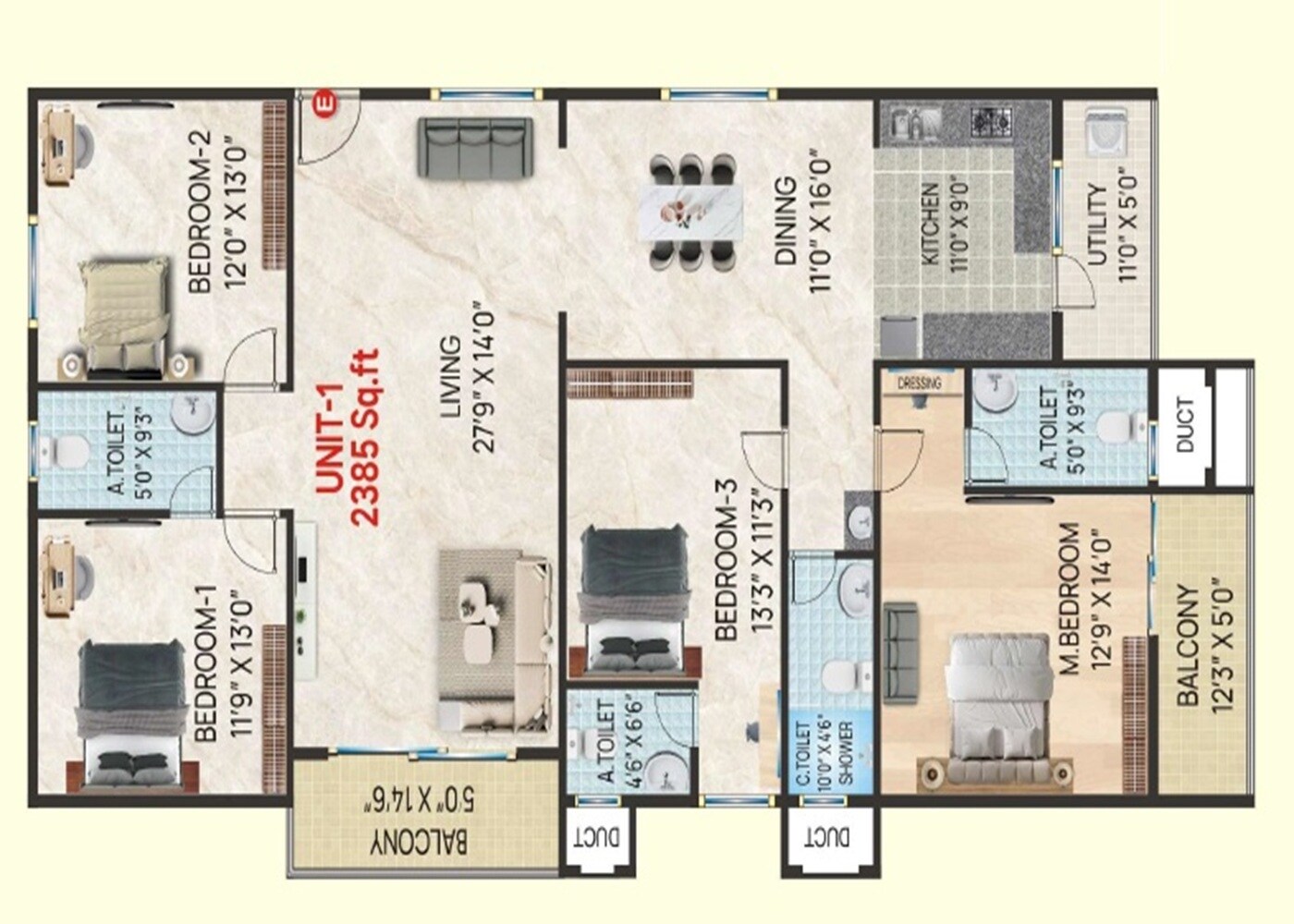 Floor plan of 4 BHK 2385 Sq. Ft. Apartment in Platinum Landmark, Bangalore