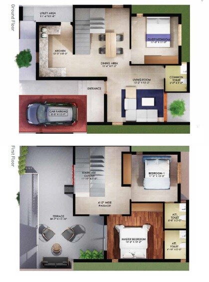 Floor plan of 3 BHK 1623 Sq. Ft. Villa in PNB Landmark Estia, Bangalore