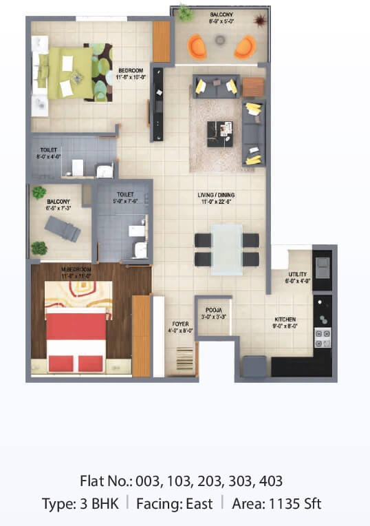 Floor plan of 2 BHK 1135 Sq. Ft. Apartment in Poorvi Airavatha, Bangalore