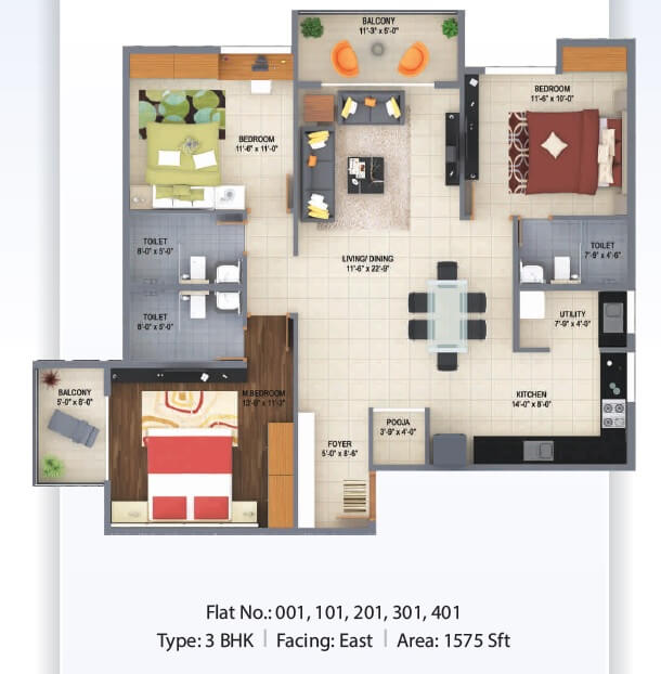 Floor plan of 3 BHK 1575 Sq. Ft. Apartment in Poorvi Airavatha, Bangalore