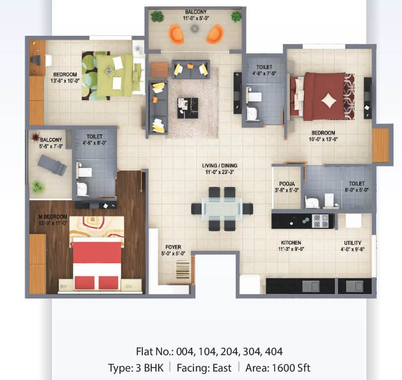 Floor plan of 3 BHK 1600 Sq. Ft. Apartment in Poorvi Airavatha, Bangalore
