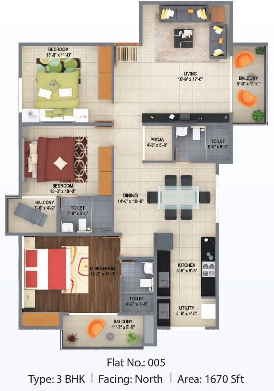 Floor plan of 3 BHK 1670 Sq. Ft. Apartment in Poorvi Airavatha, Bangalore