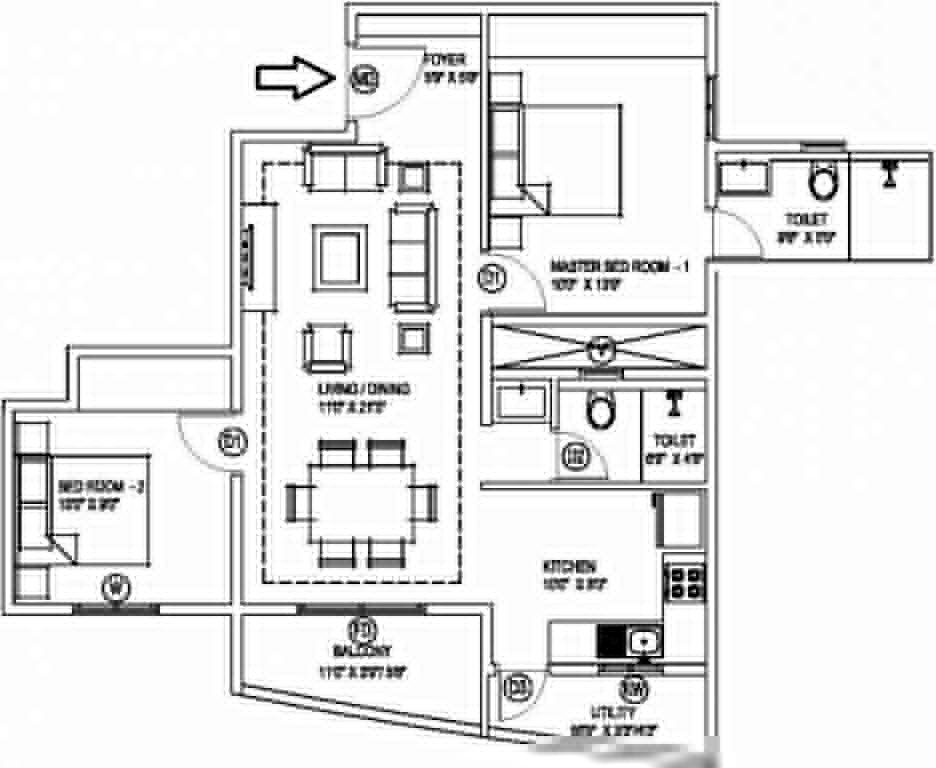 Floor plan of 2 BHK 1171 Sq. Ft. Apartment in Poorvi Champions Height, Bangalore