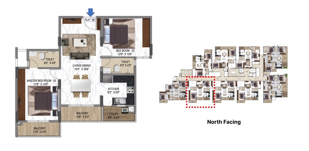 Floor plan of 2 BHK 1145 Sq. Ft. Apartment in Poorvi Enchanting, Bangalore