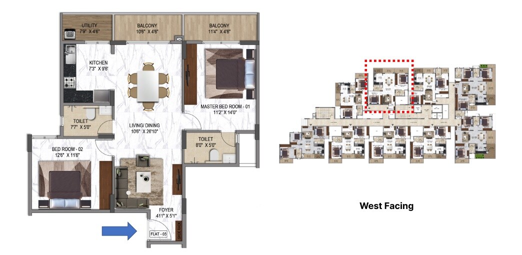 Floor plan of 2 BHK 1265 Sq. Ft. Apartment in Poorvi Enchanting, Bangalore