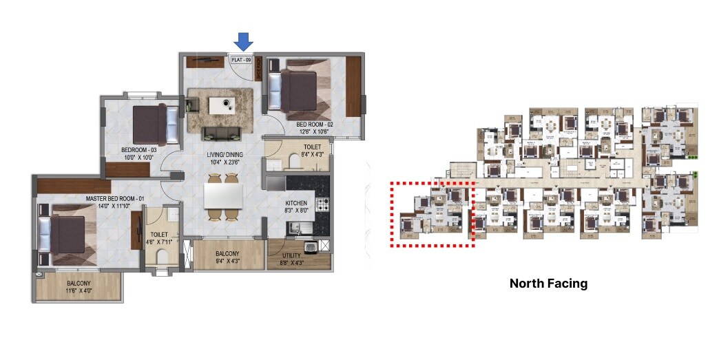 Floor plan of 3 BHK 1321 Sq. Ft. Apartment in Poorvi Enchanting, Bangalore