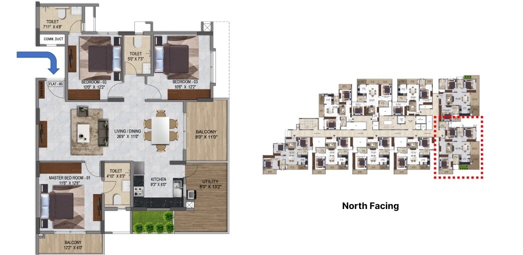 Floor plan of 3 BHK 1713 Sq. Ft. Apartment in Poorvi Enchanting, Bangalore