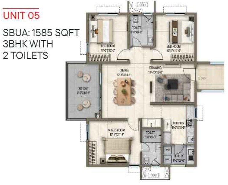 Floor plan of 3 BHK 1585 Sq. Ft. Apartment in Poulomi Florique, Bangalore
