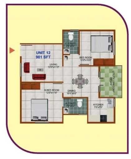 Floor plan of 2 BHK 981 Sq. Ft. Apartment in Prabhavathi Comforts, Bangalore