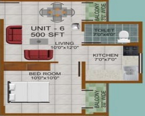 Floor plan of 1 BHK 500 Sq. Ft. Apartment in Prabhavathi Divine, Bangalore