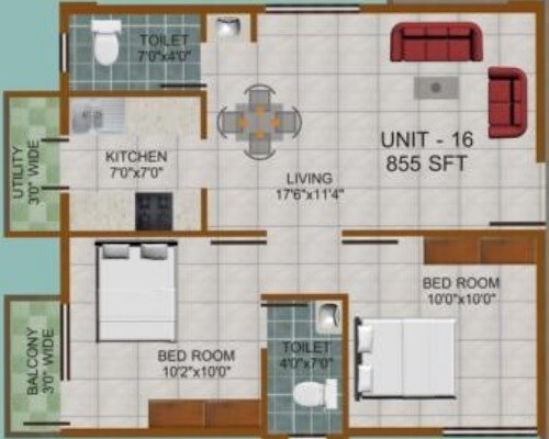 Floor plan of 2 BHK 855 Sq. Ft. Apartment in Prabhavathi Divine, Bangalore