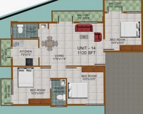 Floor plan of 3 BHK 1120 Sq. Ft. Apartment in Prabhavathi Divine, Bangalore