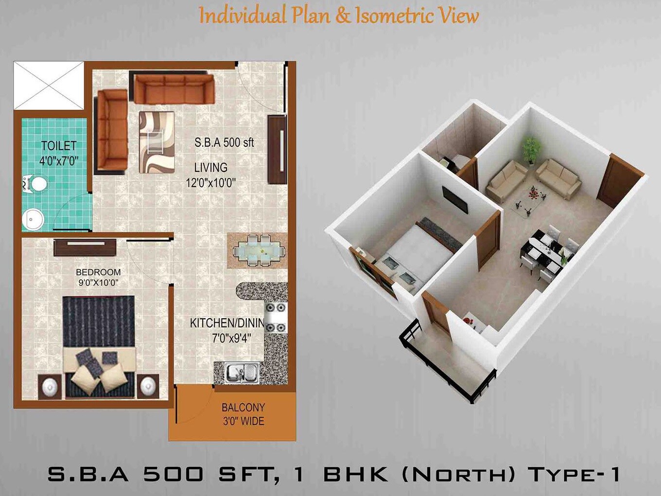 Floor plan of 1 BHK 500 Sq. Ft. Apartment in Prabhavathi Grand View, Bangalore