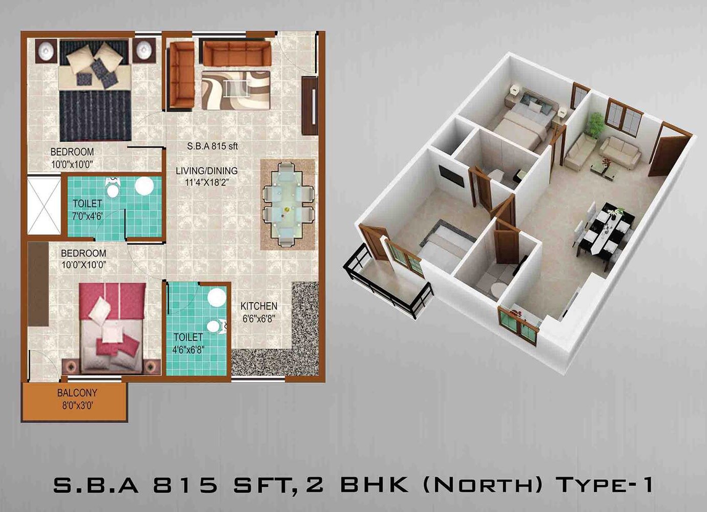 Floor plan of 2 BHK 815 Sq. Ft. Apartment in Prabhavathi Grand View, Bangalore