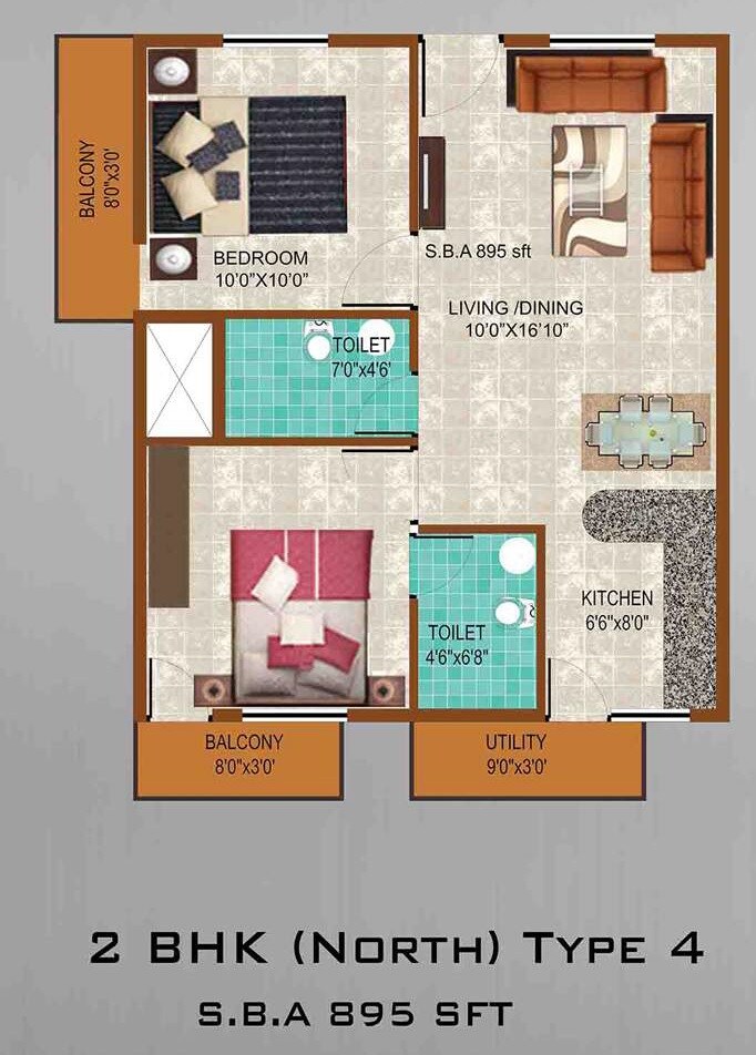 Floor plan of 2 BHK 895 Sq. Ft. Apartment in Prabhavathi Grand View, Bangalore