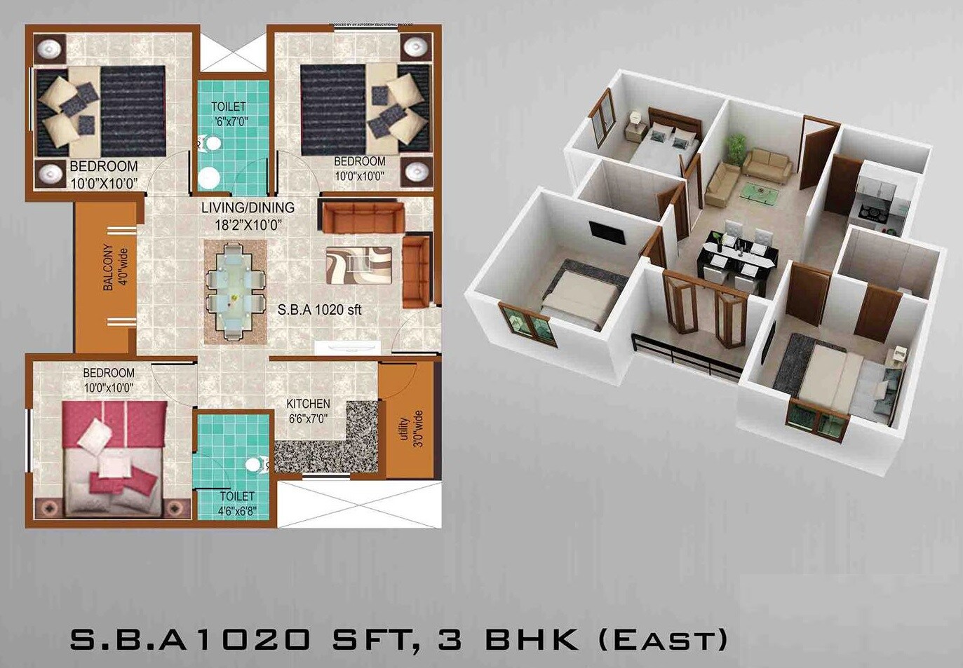 Floor plan of 3 BHK 1020 Sq. Ft. Apartment in Prabhavathi Grand View, Bangalore