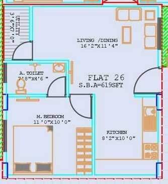 Floor plan of 1 BHK 619 Sq. Ft. Apartment in Prabhavathi Heaven, Bangalore