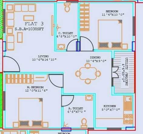 Floor plan of 2 BHK 1038 Sq. Ft. Apartment in Prabhavathi Heaven, Bangalore
