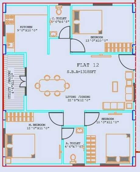 Floor plan of 3 BHK 1318 Sq. Ft. Apartment in Prabhavathi Heaven, Bangalore