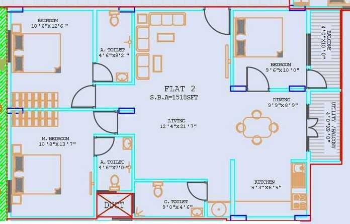 Floor plan of 3 BHK 1518 Sq. Ft. Apartment in Prabhavathi Heaven, Bangalore