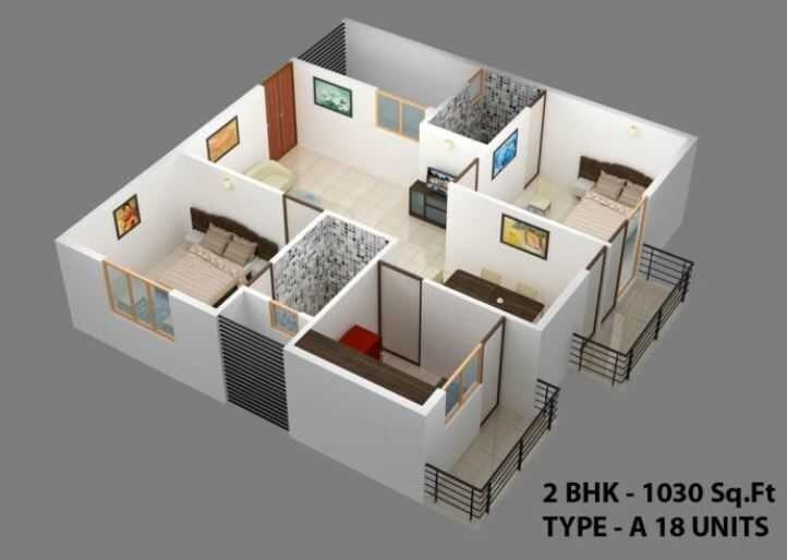 Floor plan of 2 BHK 1030 Sq. Ft. Apartment in Prabhavathi Royal Gardenia, Bangalore