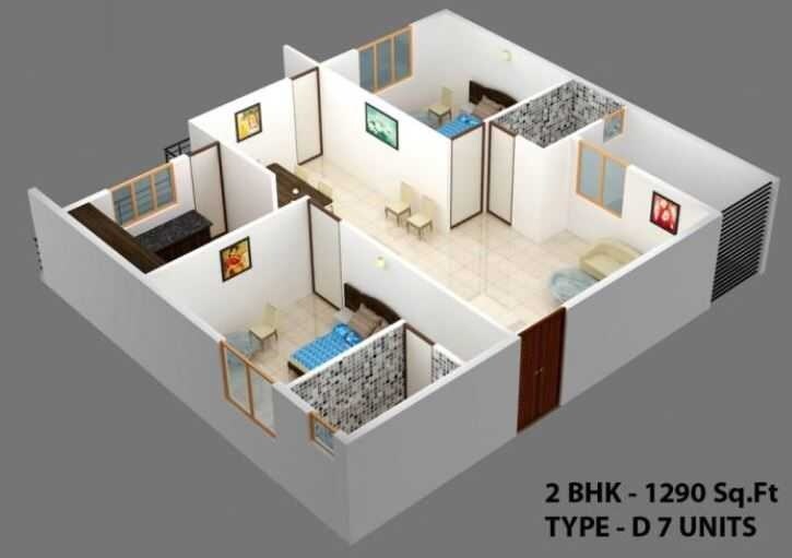 Floor plan of 2 BHK 1290 Sq. Ft. Apartment in Prabhavathi Royal Gardenia, Bangalore