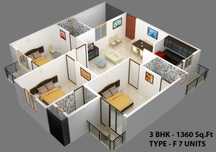 Floor plan of 3 BHK 1360 Sq. Ft. Apartment in Prabhavathi Royal Gardenia, Bangalore