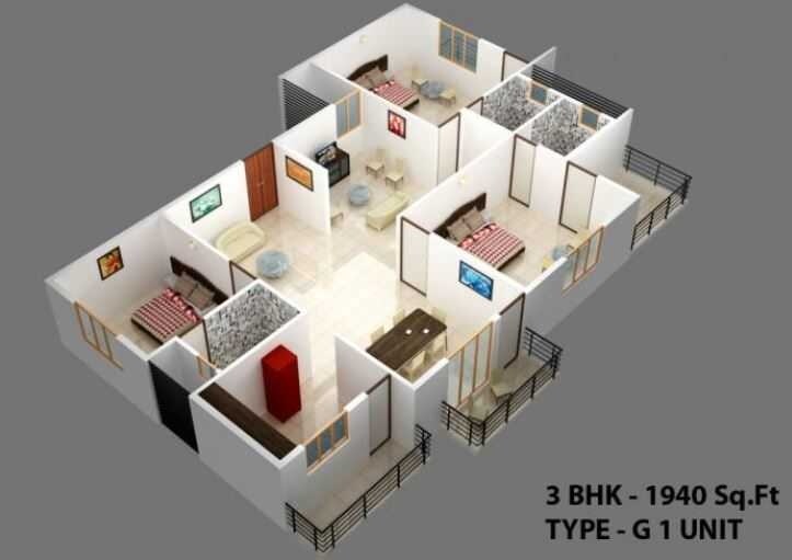 Floor plan of 3 BHK 1940 Sq. Ft. Apartment in Prabhavathi Royal Gardenia, Bangalore