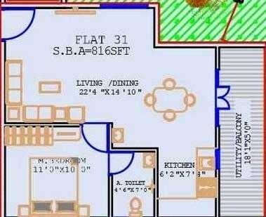 Floor plan of 1 BHK 816 Sq. Ft. Apartment in Prabhavathi Spring Field, Bangalore