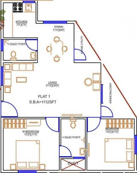 Floor plan of 2 BHK 1112 Sq. Ft. Apartment in Prabhavathi Spring Field, Bangalore