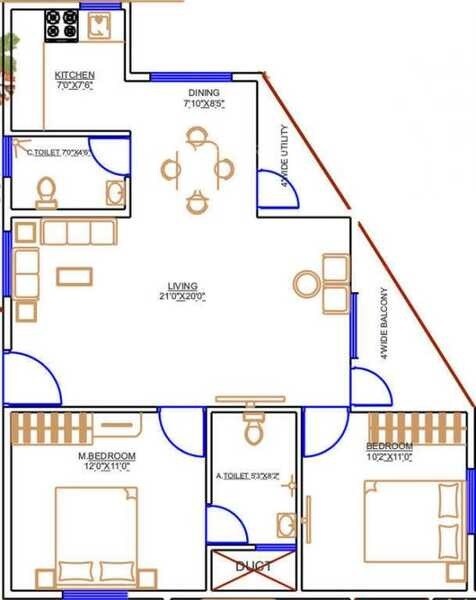 Floor plan of 2 BHK 954 Sq. Ft. Apartment in Prabhavathi Spring Field, Bangalore